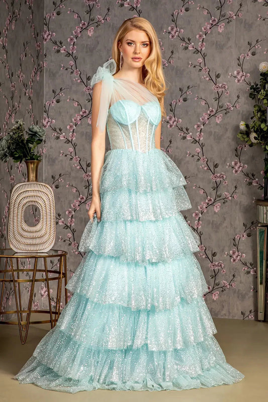 Full-length front view shows glitter styling on the Baby Blue prom evening dress.