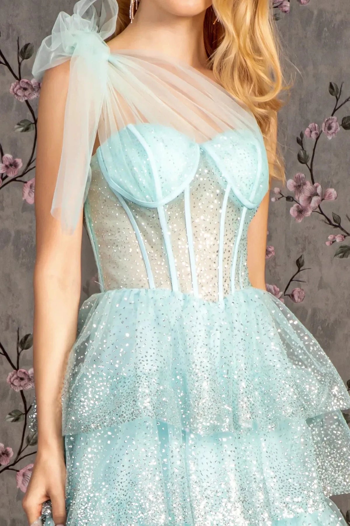 Baby Blue prom evening dress full back with open back