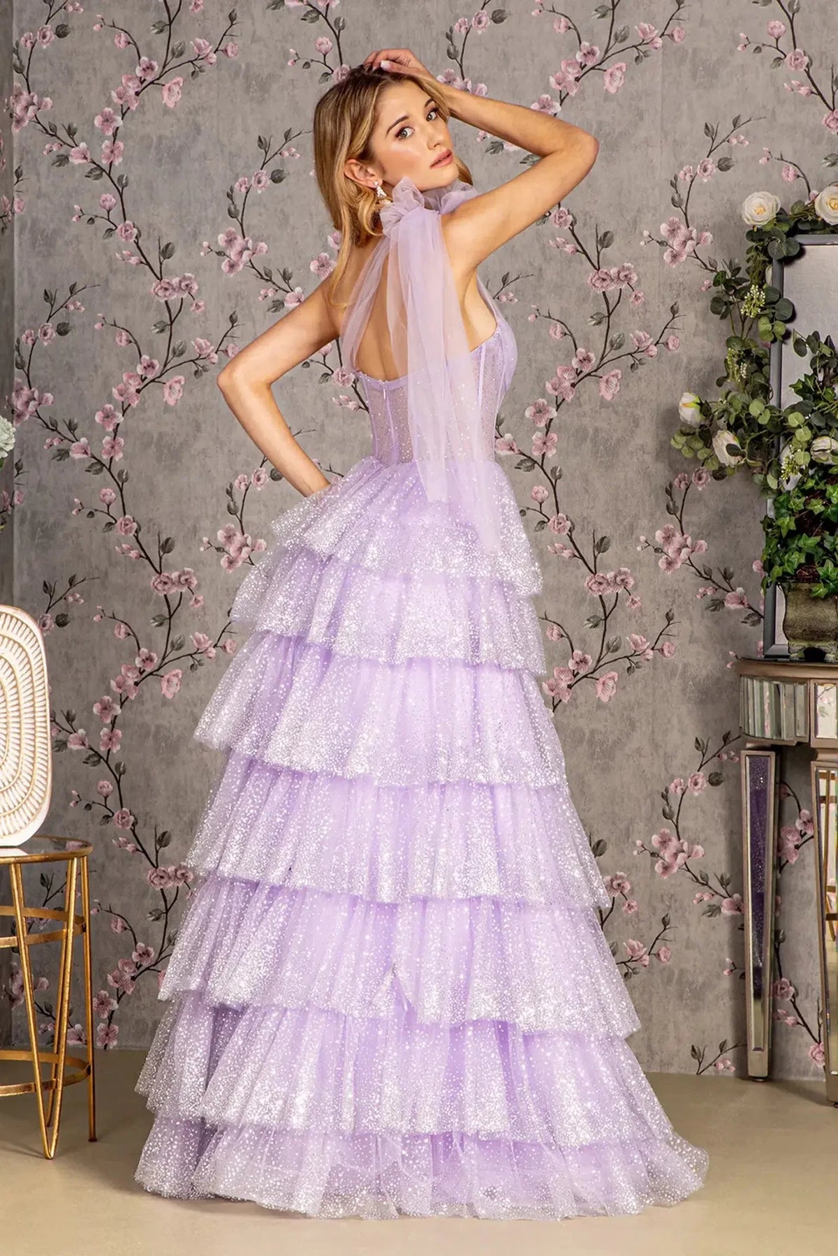 Lilac prom evening dress full back with open back