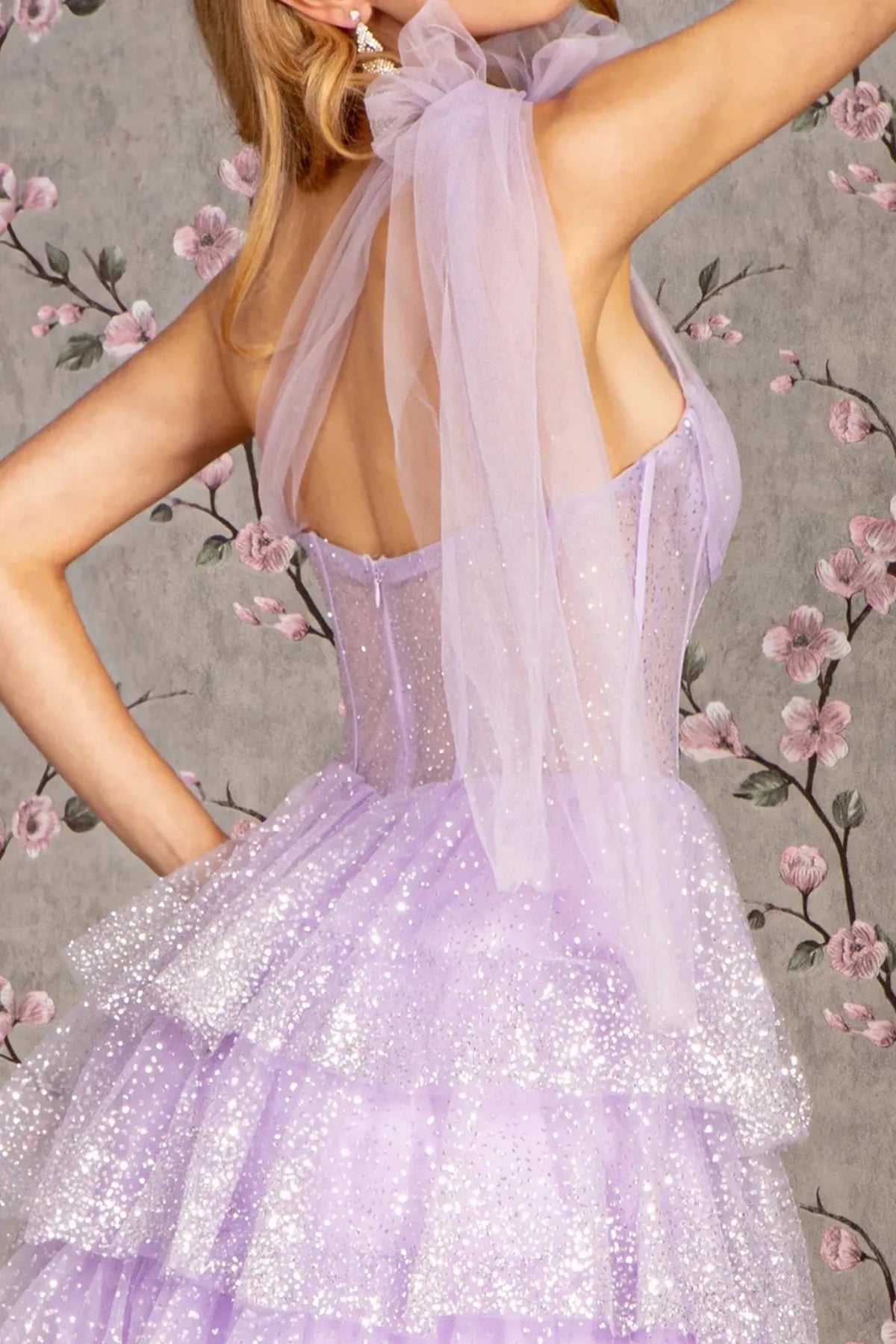 Lilac prom evening dress a-line skirt detail