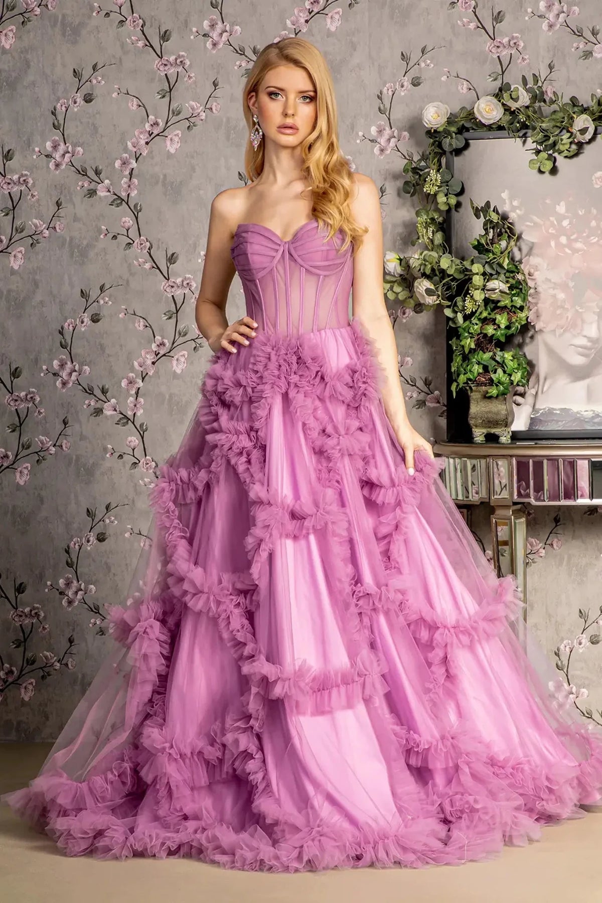 Light Purple sheer strapless prom evening dress full front