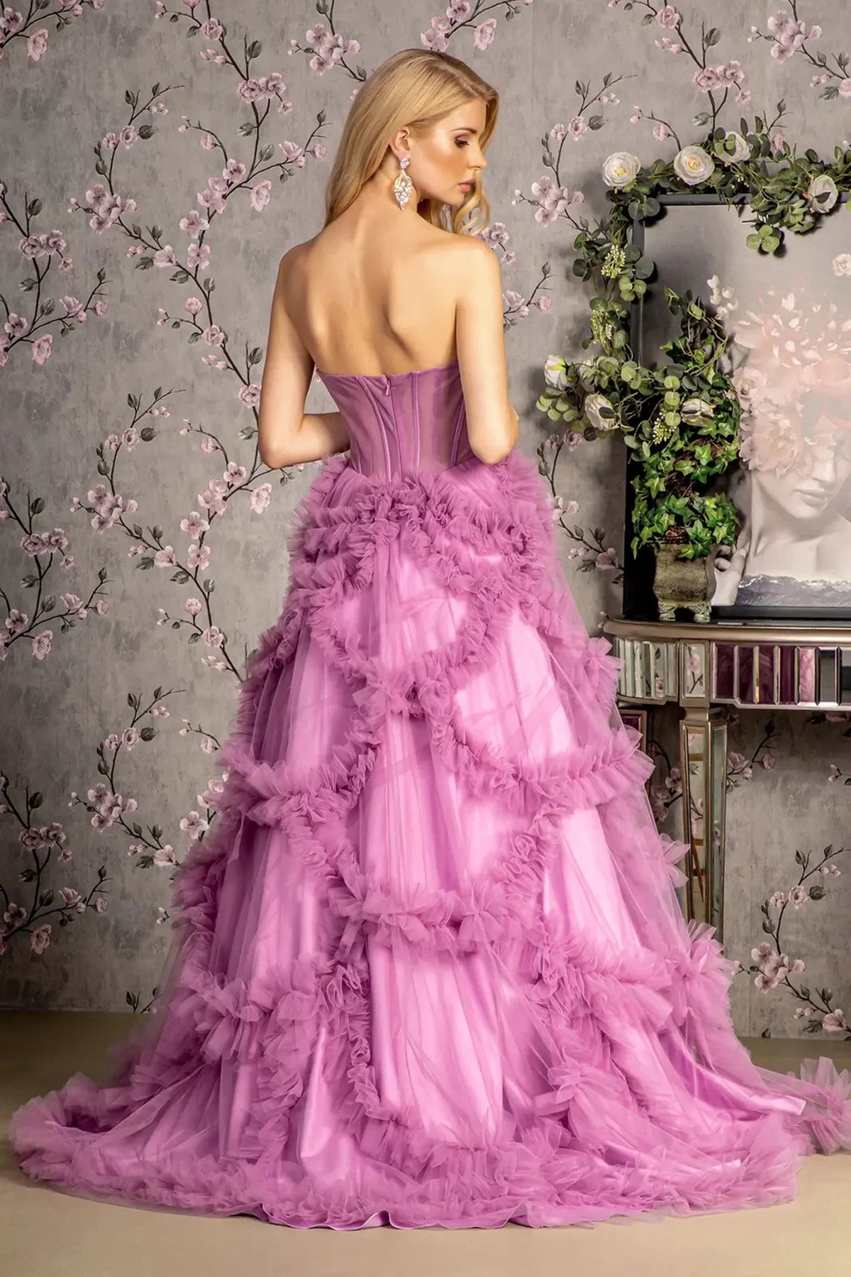 Light Purple prom evening dress full back with open back