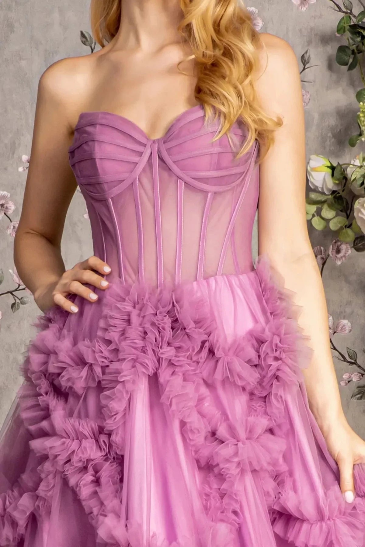 Light Purple sweetheart prom evening dress upper front with ruffle, sheer detail