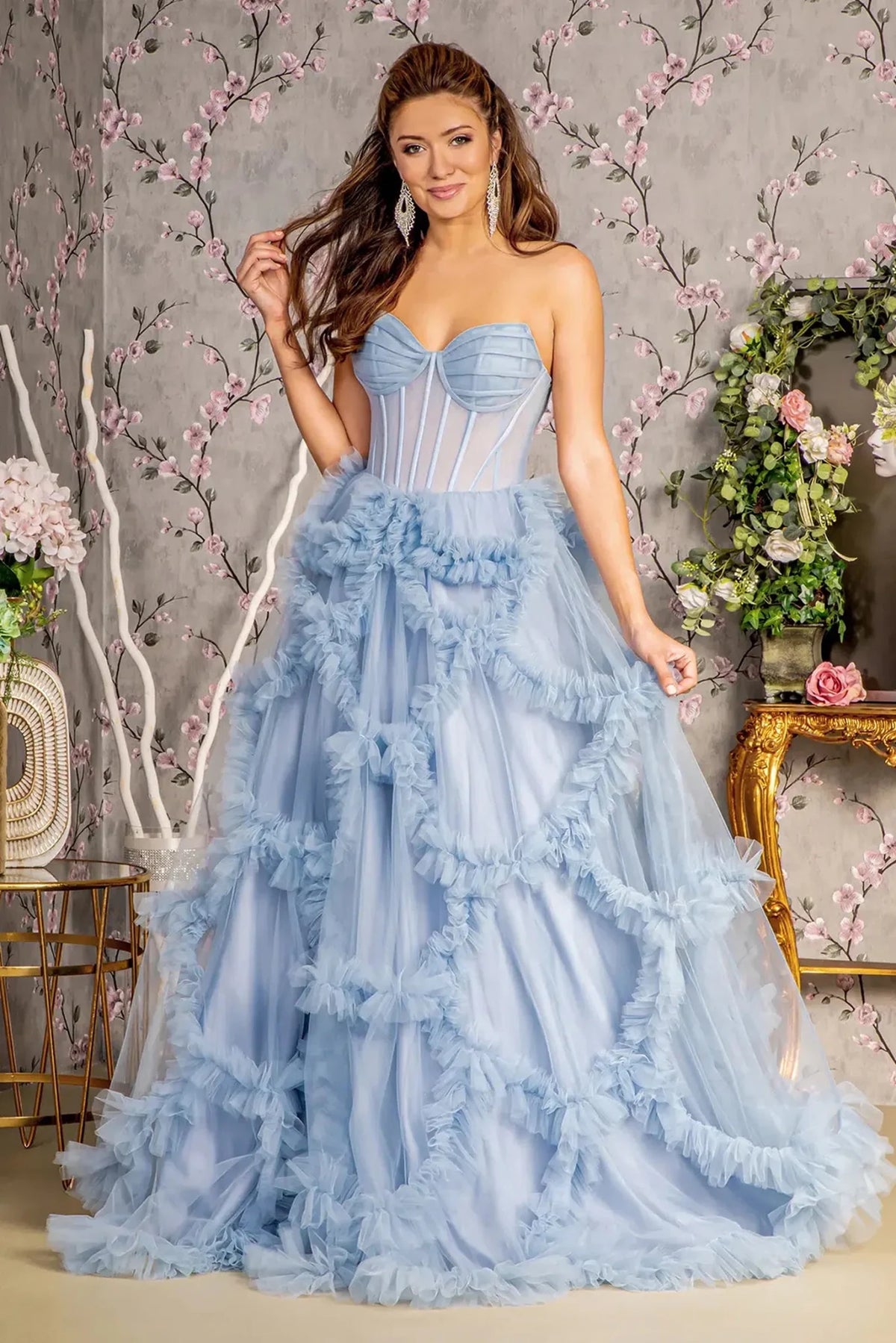 Perry Blue sheer strapless prom evening dress full front
