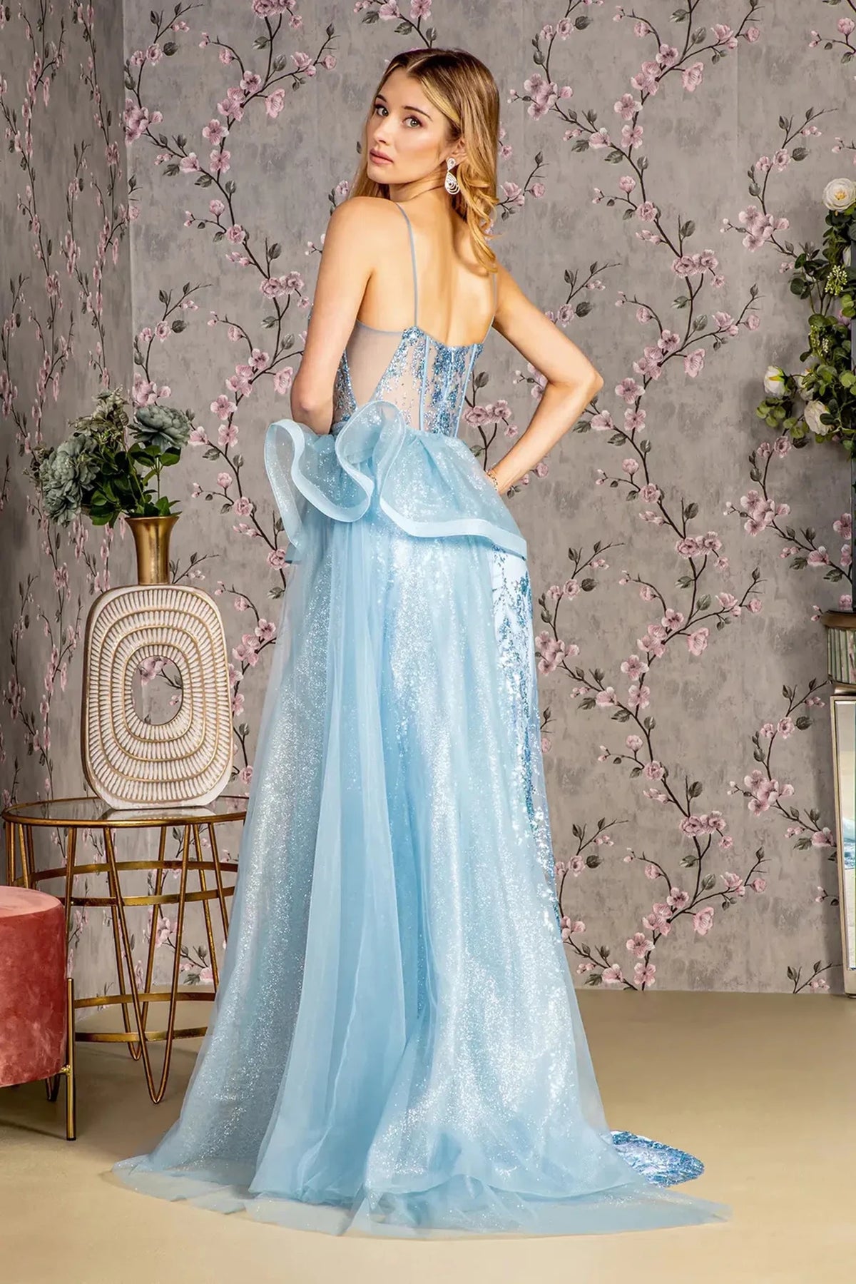 Smoky Blue prom evening dress full back with open back
