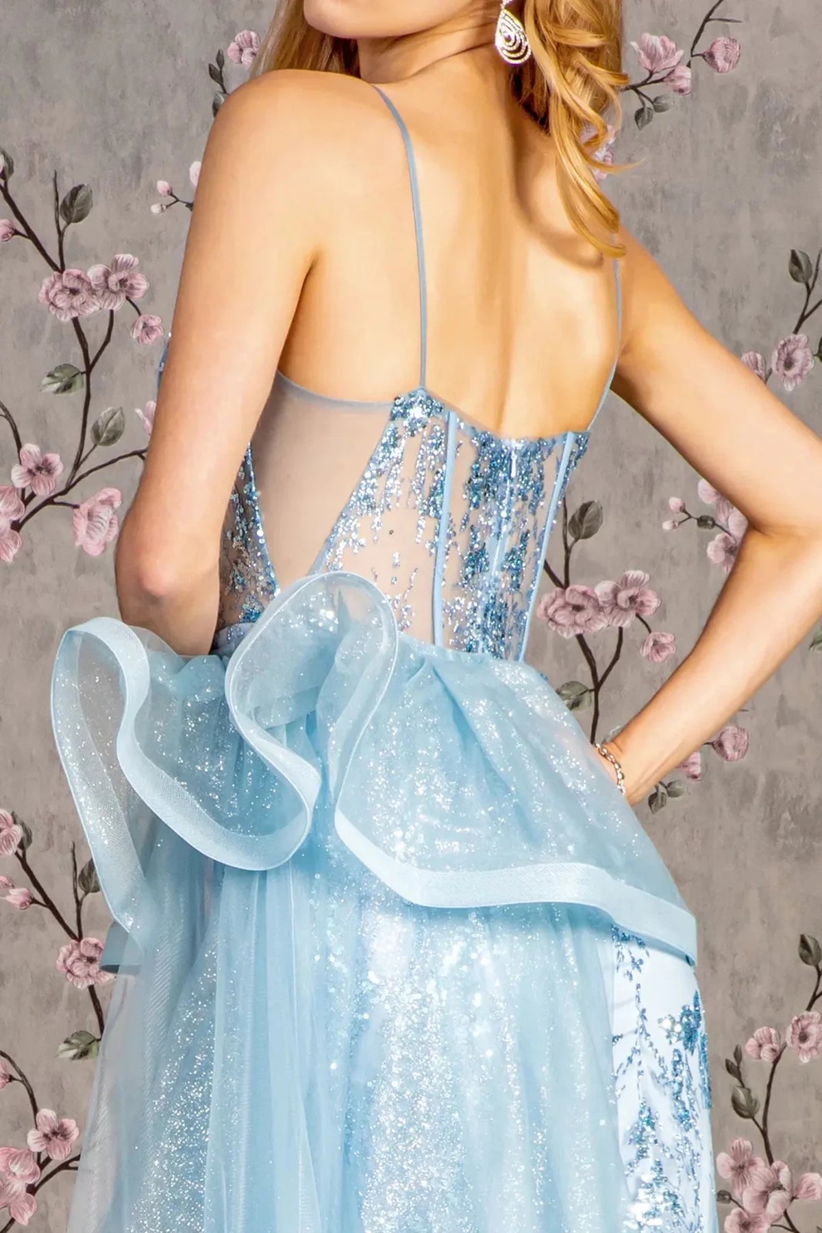 Smoky Blue prom evening dress mermaid skirt detail
