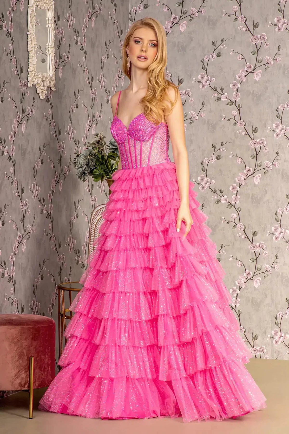 Hot Pink beaded prom evening dress full front