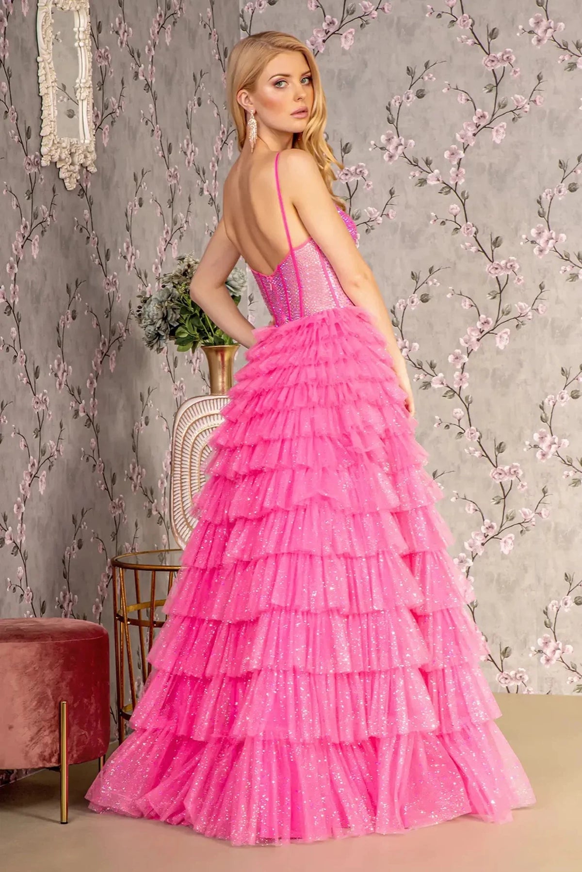 Hot Pink prom evening dress full back with open back
