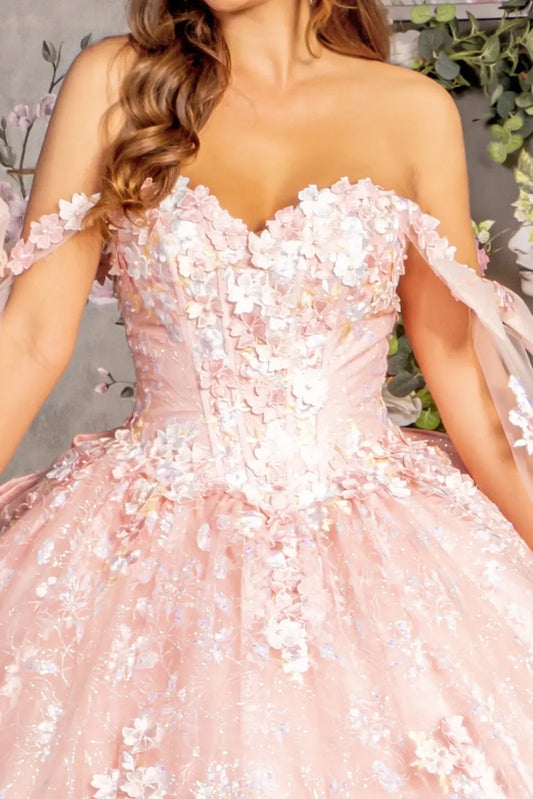 Full-length view presents the Blush quinceañera ball gown with detachable ribbons.