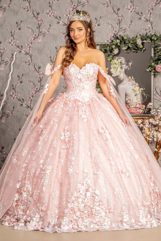 Lace-up back reveals the Blush quinceañera ball gown with lace-up back and long mesh drapes.