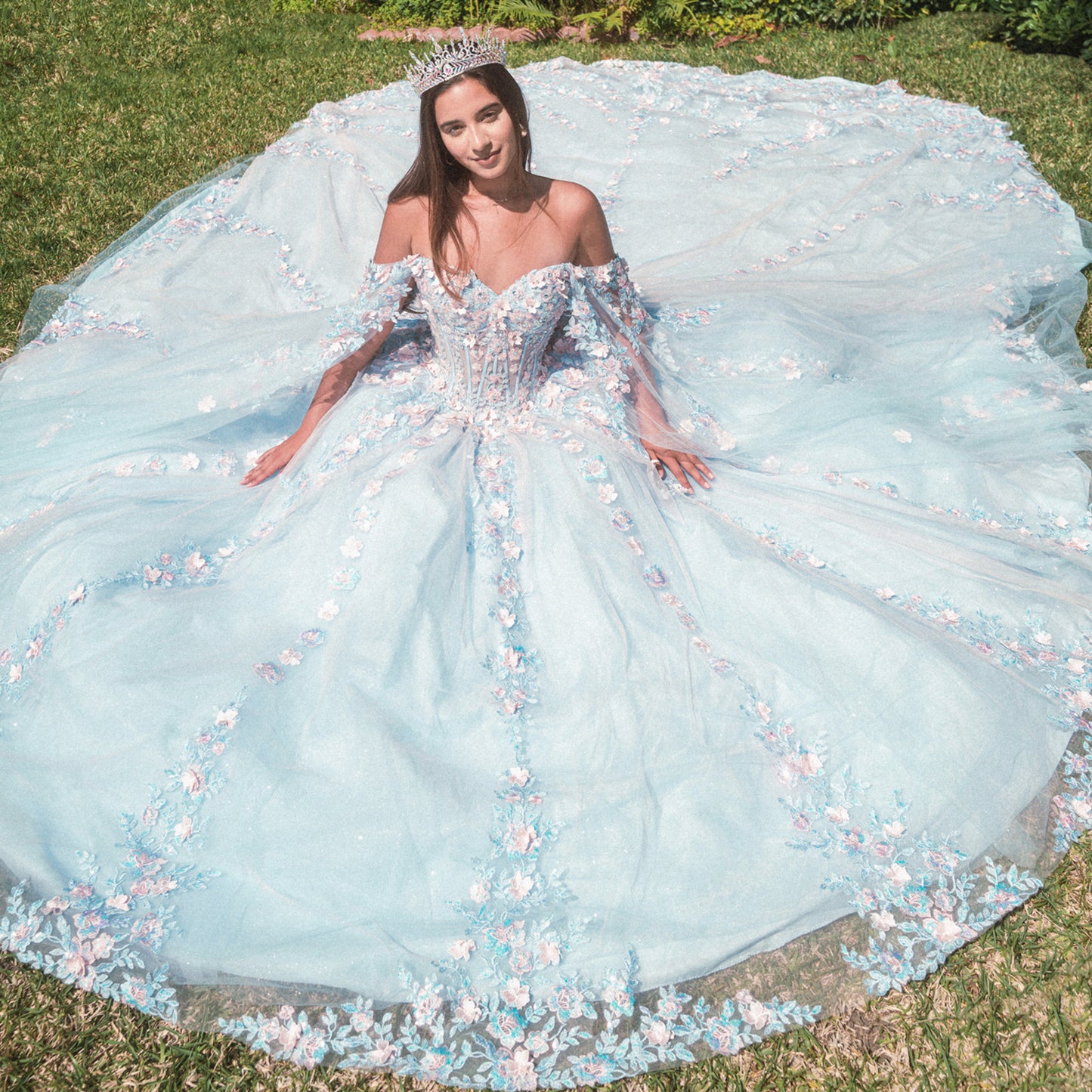 Sky Blue 3D Flower Sheer Bodice Mesh Long Train Quince Dress Ball Gown with Side Mesh Long Drapes sitting position