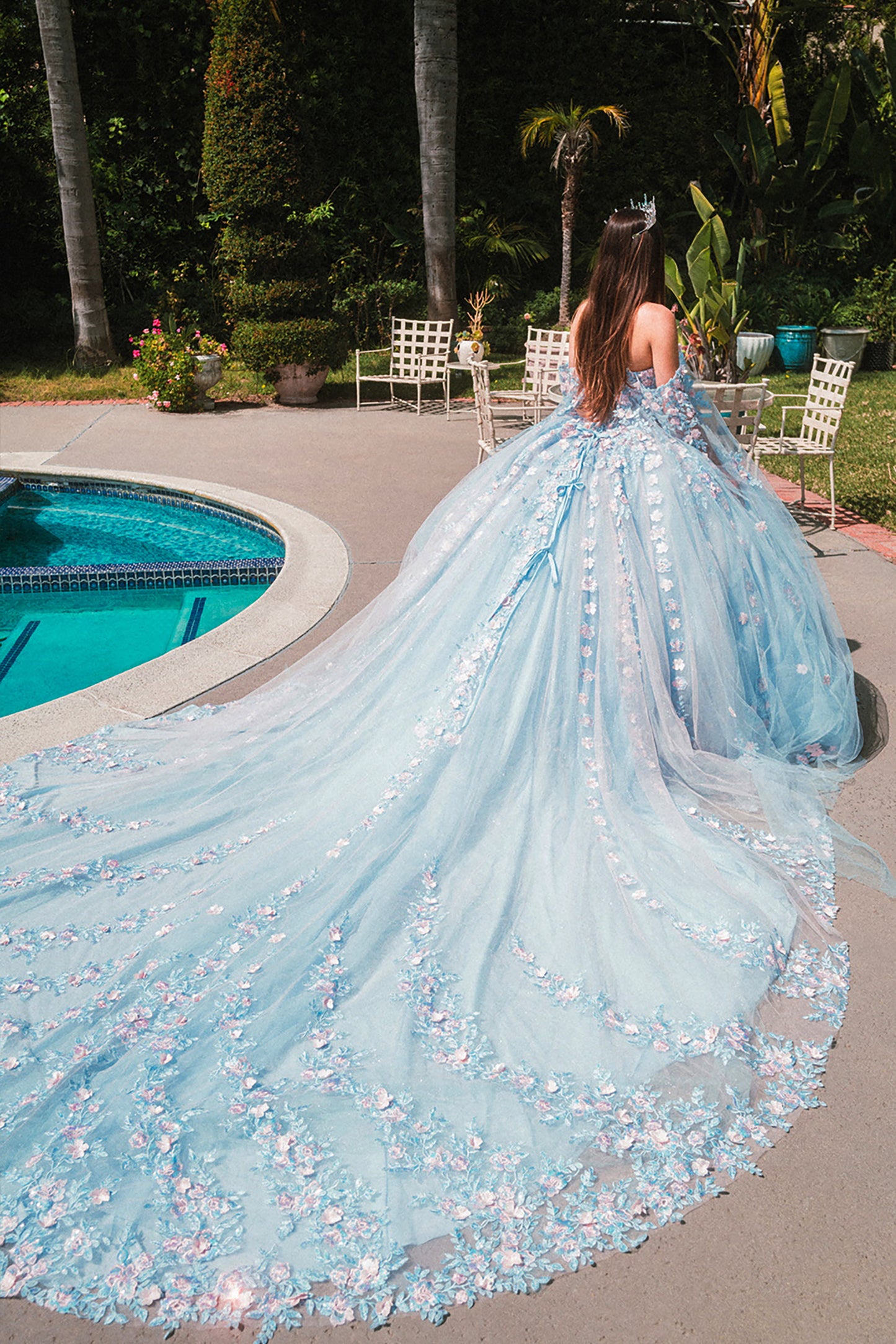 Sky Blue 3D Flower Sheer Bodice Mesh Long Train Quince Dress Ball Gown with Side Mesh Long Drapes back whole view