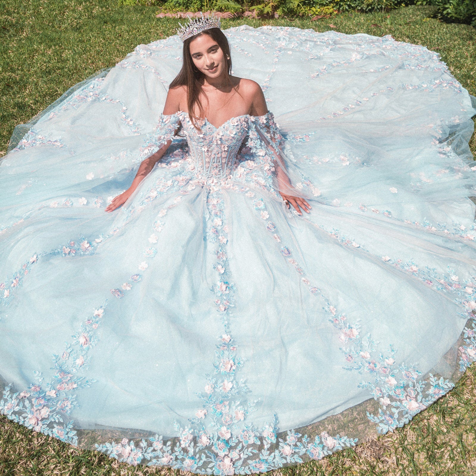 Sky Blue Quinceañera Dress with Floral Sheer Bodice and Long Train