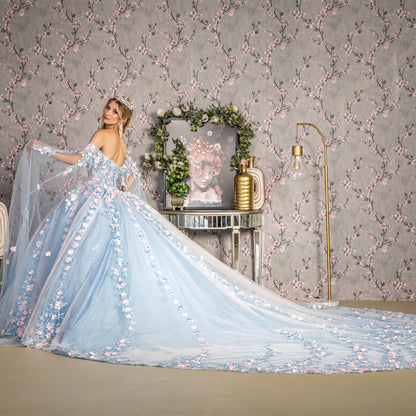 Sky Blue 3D Flower Sheer Bodice Mesh Long Train Quince Dress Ball Gown with Side Mesh Long Drapes side view