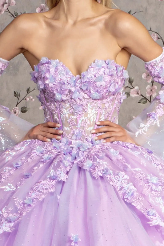 Full-length view presents the Lilac quinceañera ball gown with long trumpet sleeves.