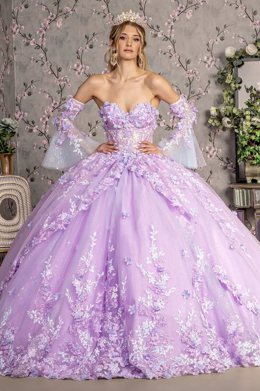 Lace-up back reveals the Lilac quinceañera ball gown with lace-up back and jeweled sheer bodice.