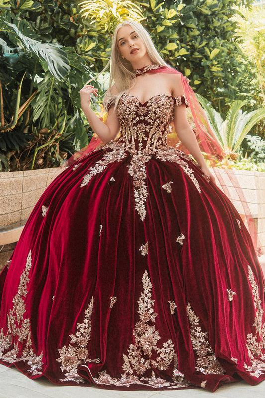 Quinceañera | Burgundy Metallic Butterfly Floral Velvet Ball Gown with Long Mesh Cape | Ivanna dress front view