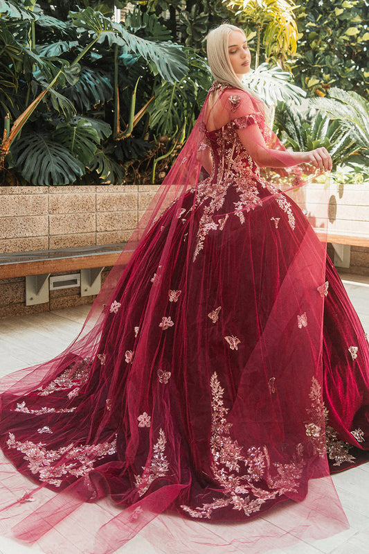 Quinceañera | Burgundy Metallic Butterfly Floral Velvet Ball Gown with Long Mesh Cape | Ivanna dress back view