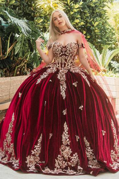 Quinceañera | Burgundy Metallic Butterfly Floral Velvet Ball Gown with Long Mesh Cape | Ivanna dress front view