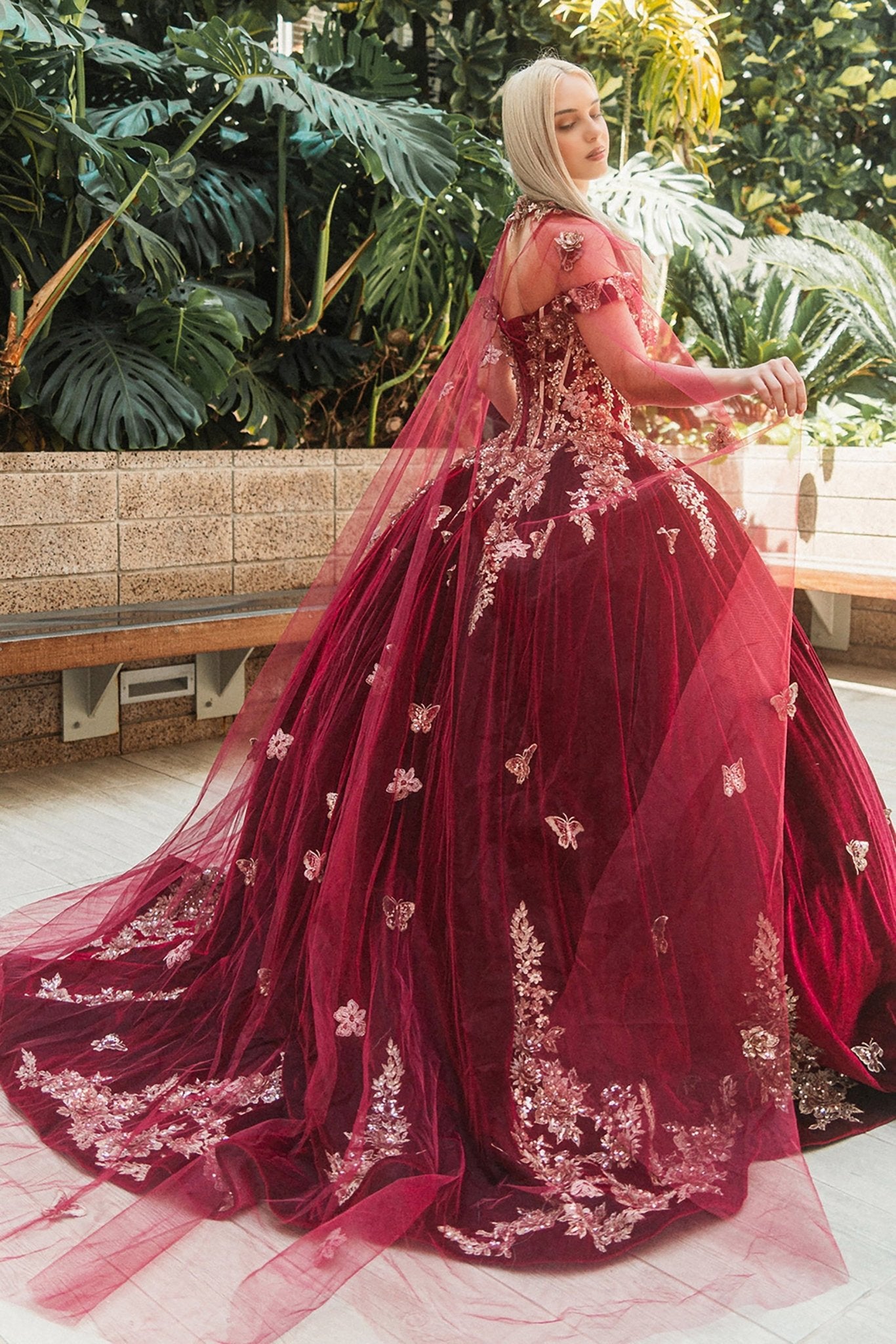 Quinceañera | Burgundy Metallic Butterfly Floral Velvet Ball Gown with Long Mesh Cape | Ivanna dress back view
