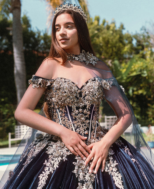 Quinceañera | Navy Metallic Butterfly Floral Velvet Ball Gown with Long Mesh Cape | Ivanna dress front zoom