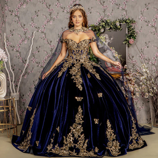 Quinceañera | Navy Metallic Butterfly Floral Velvet Ball Gown with Long Mesh Cape | Ivanna dress FRONT ZOOM