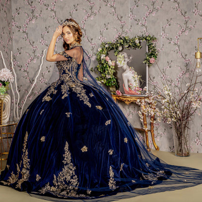 Quinceañera | Navy Metallic Butterfly Floral Velvet Ball Gown with Long Mesh Cape | Ivanna dress SIDE VIEW