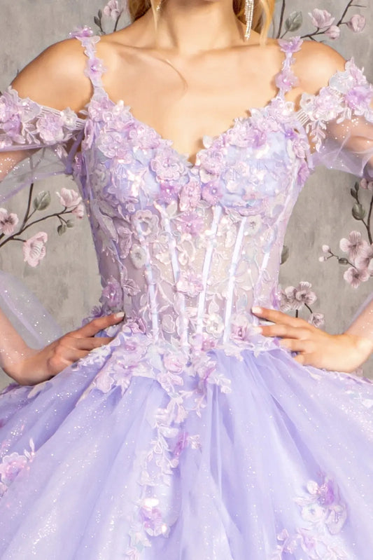 Full-length view presents the Lilac quinceañera ball gown with long sleeves.