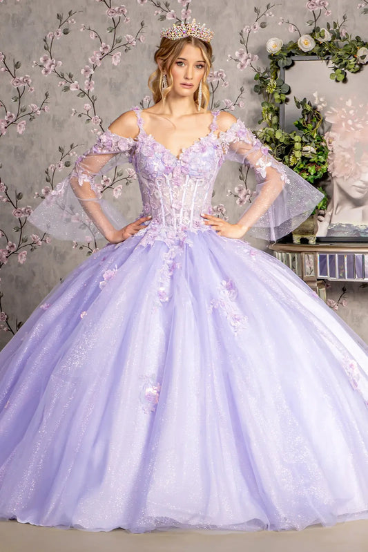 Lace-up back reveals the Lilac quinceañera ball gown with lace-up back and glitter sequin mesh.