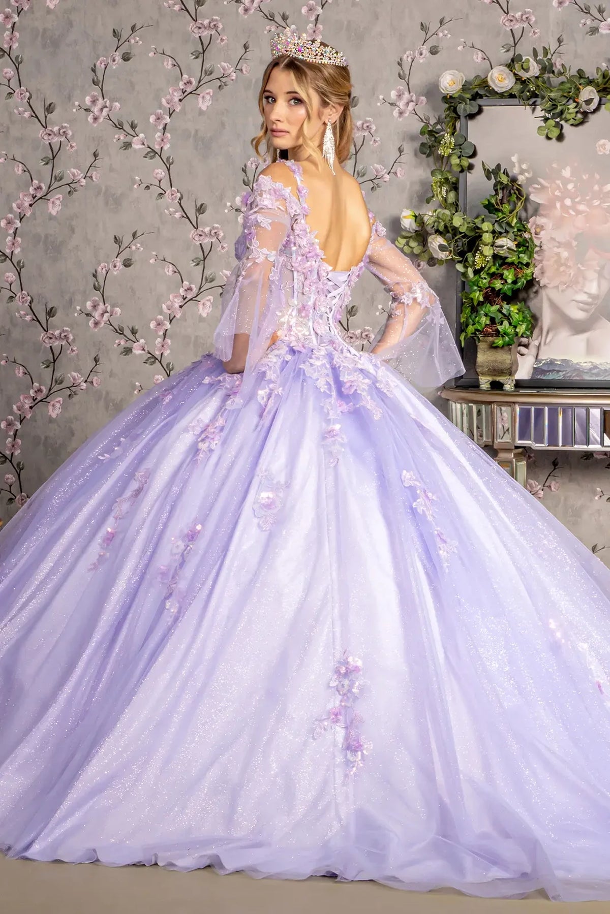 Bodice close-up highlights the Lilac quinceañera ball gown with glitter sequin mesh.
