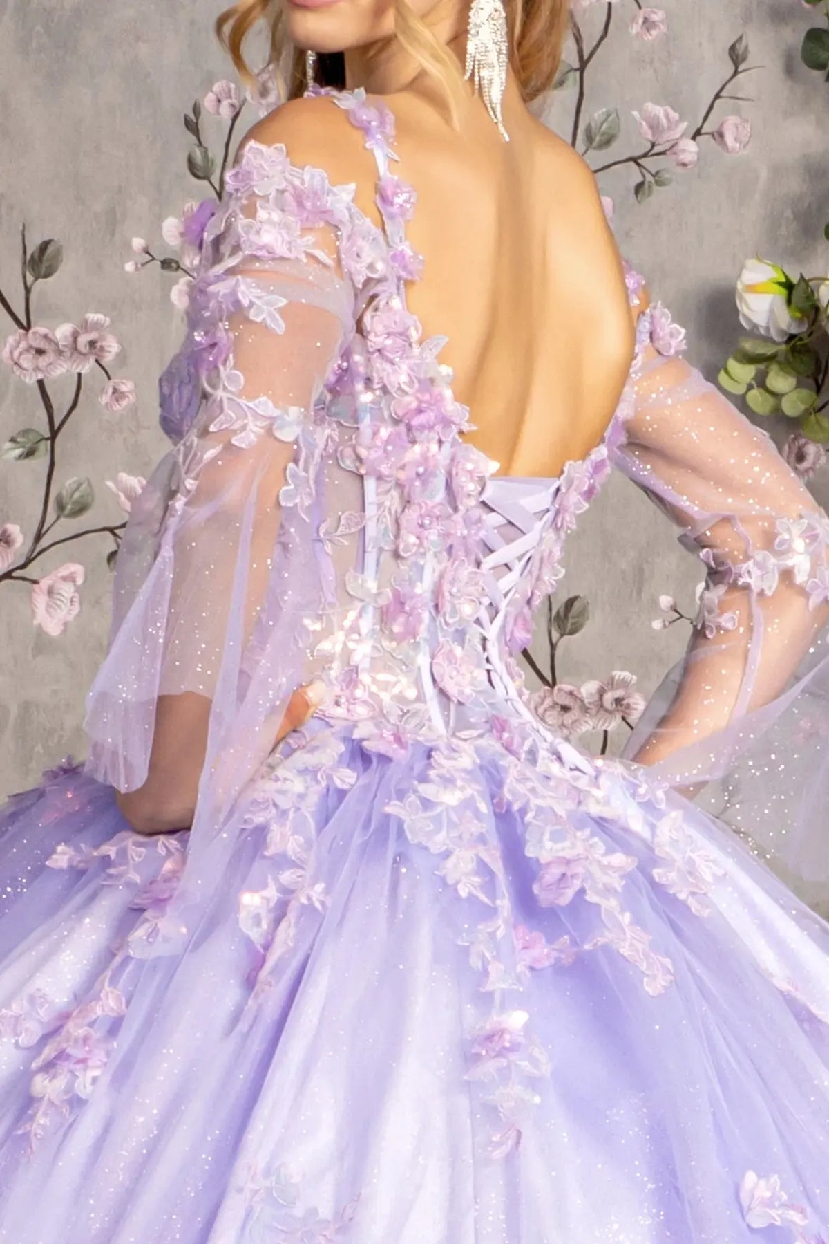 Detachable accents complete the Lilac quinceañera ball gown with long sleeves.