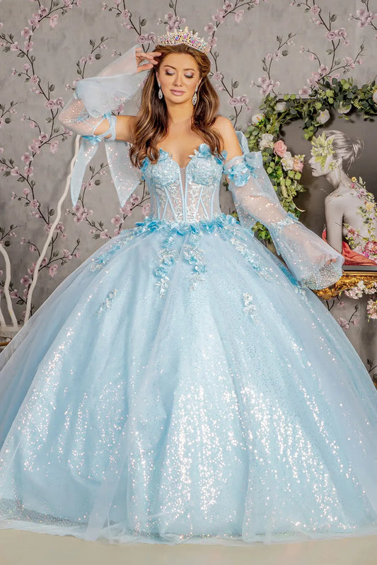 Lace-up back reveals the Baby Blue quinceañera ball gown with lace-up back and long sleeves.