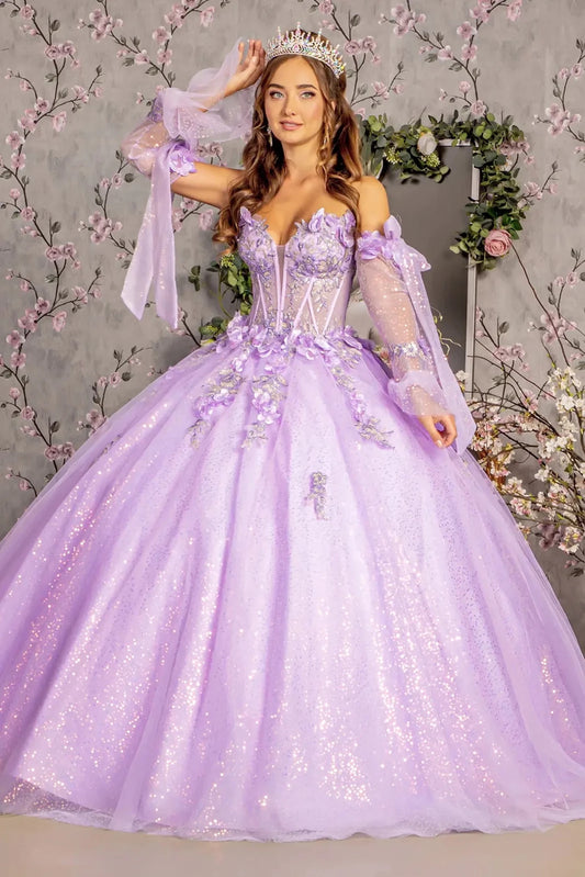 Lace-up back reveals the Lilac quinceañera ball gown with lace-up back and long sleeves.