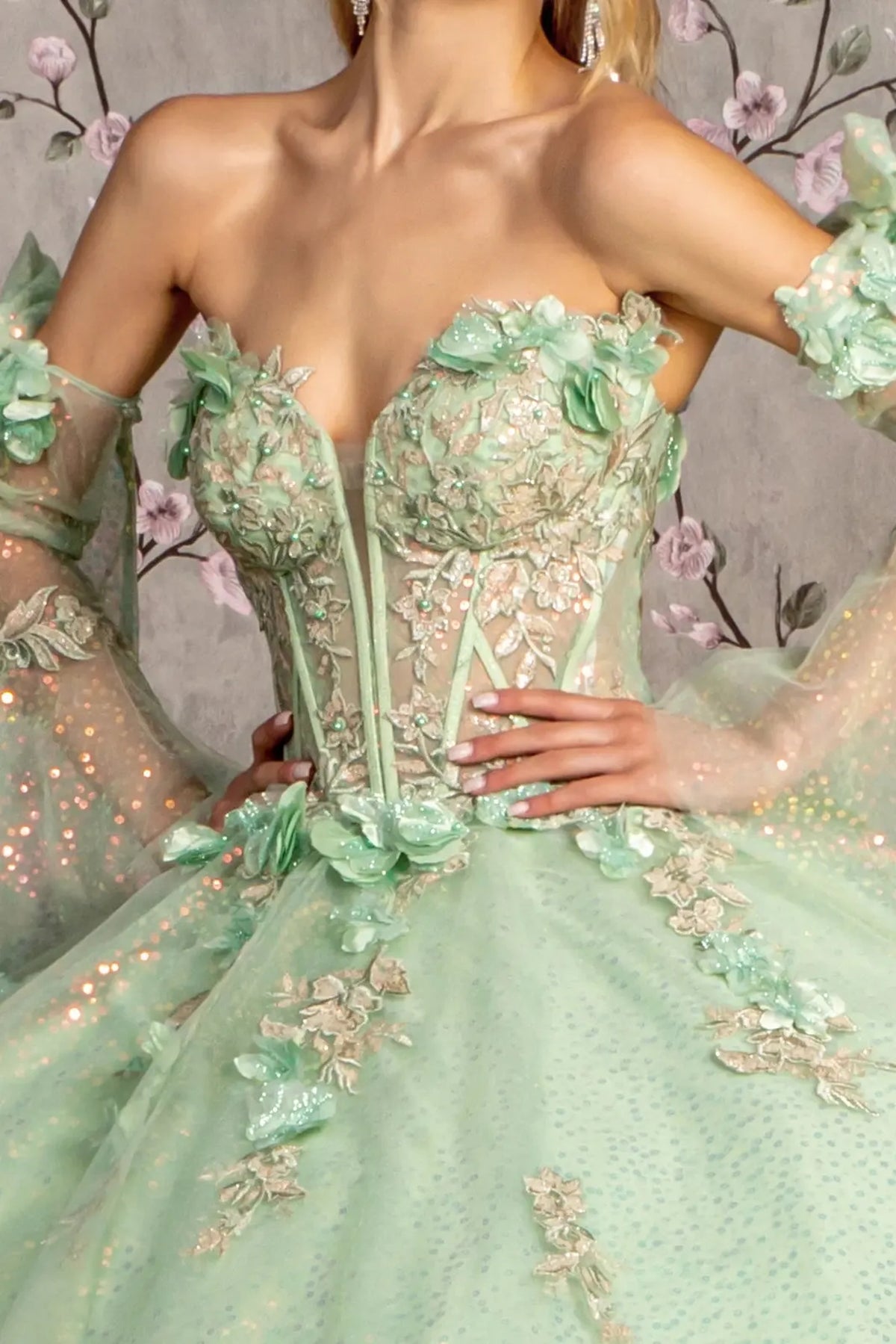 Full-length view presents the Sage quinceañera ball gown with 3d floral embroidery.
