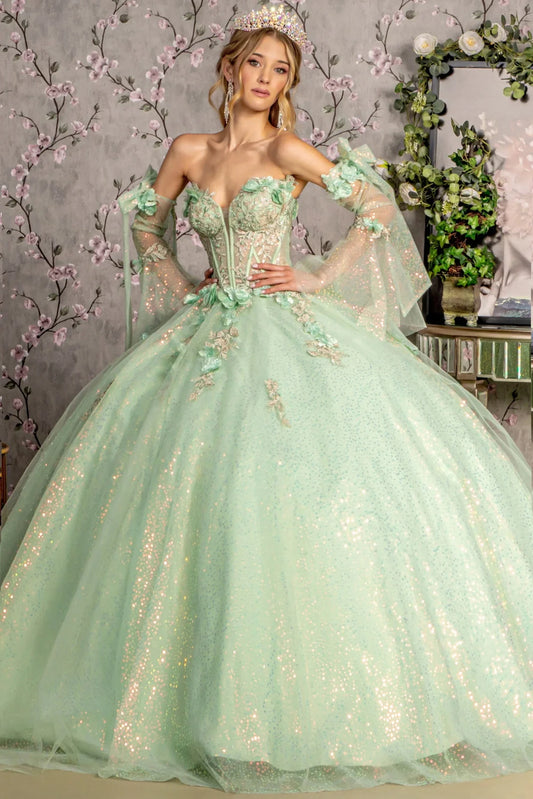 Lace-up back reveals the Sage quinceañera ball gown with lace-up back and long sleeves.