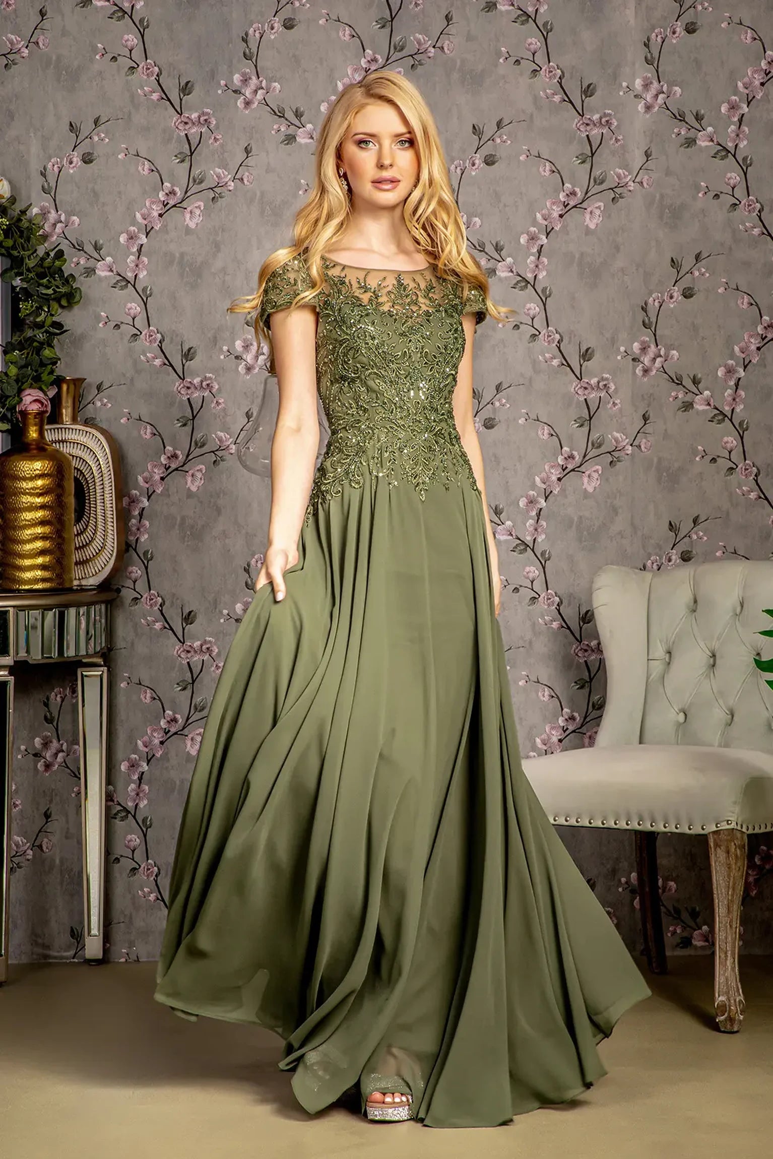 Olive chiffon a-line mother of the bride dress with boat-neck