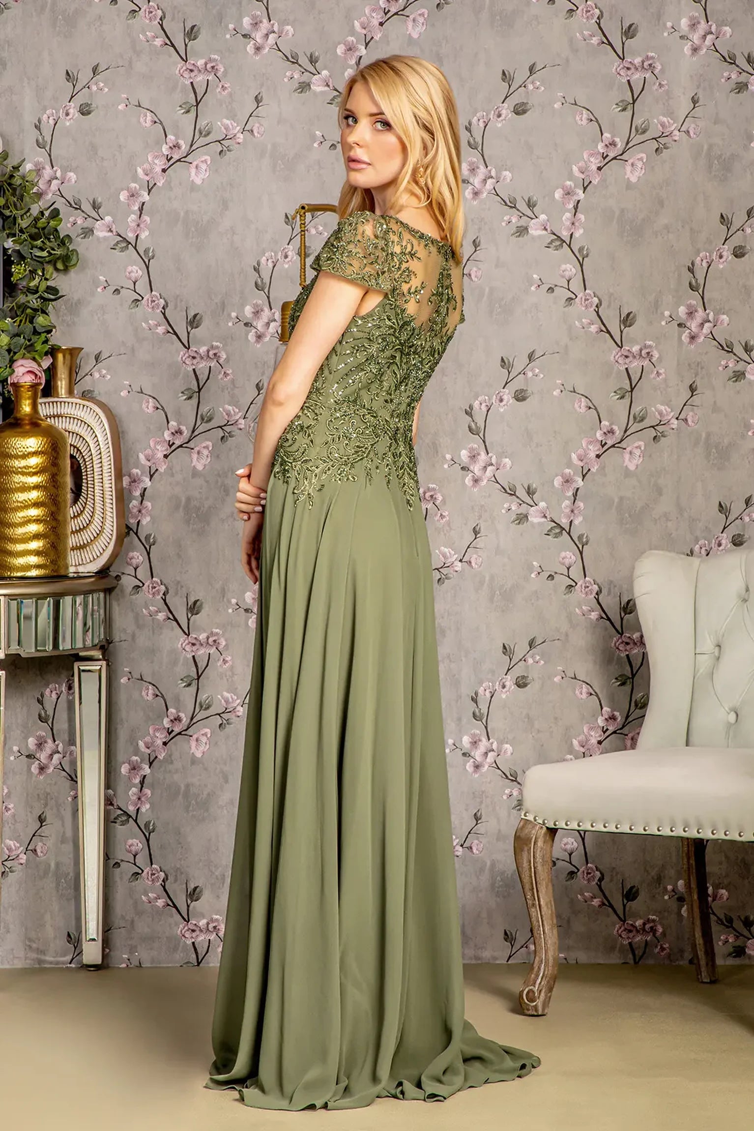 Olive a-line mother of the bride dress with concealed zipper back and cap sleeve