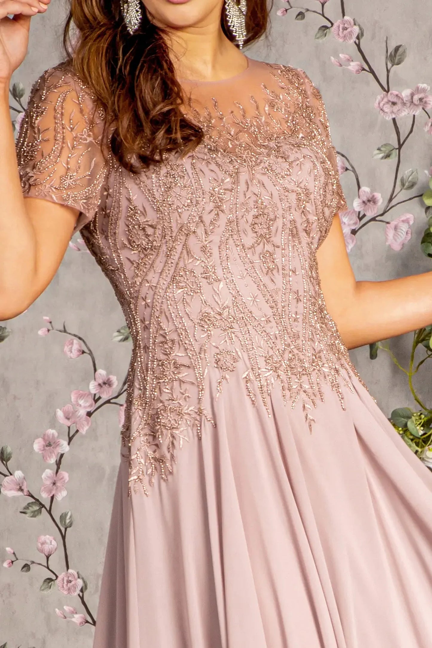 Mauve mother of the bride dress featuring boat-neck bodice with short sleeve and beads, embroidery