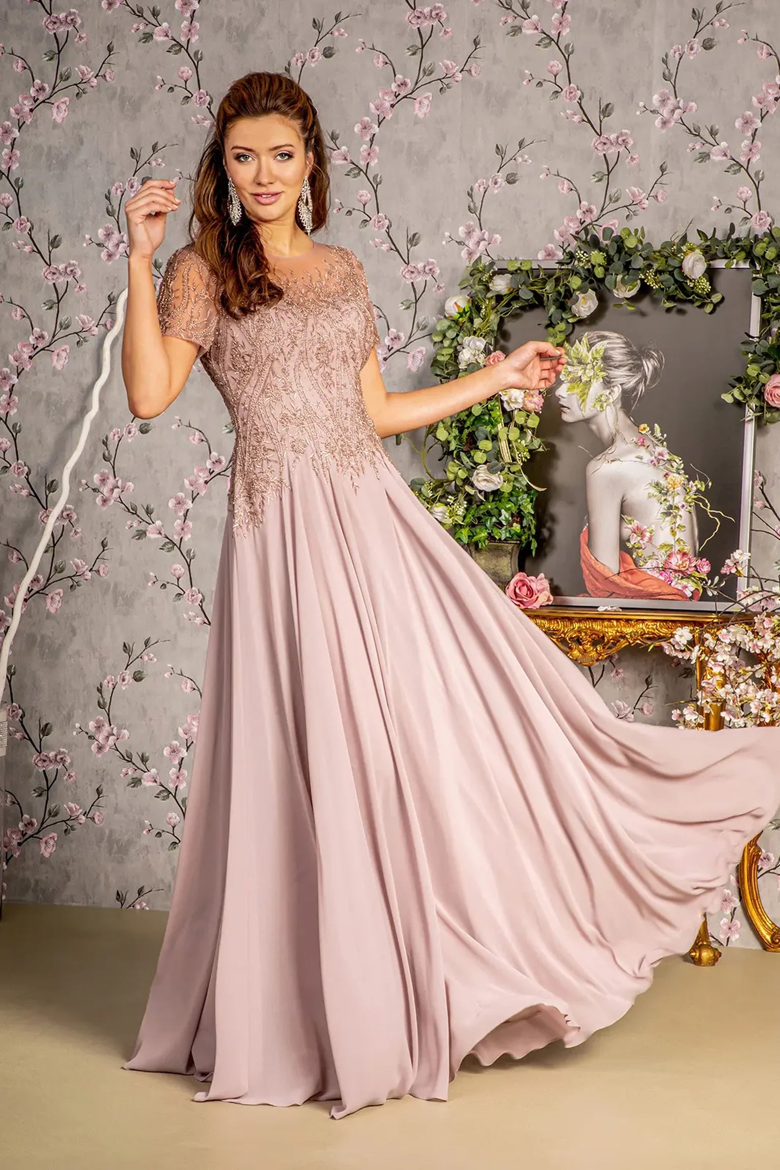 Mauve chiffon a-line mother of the bride dress with boat-neck