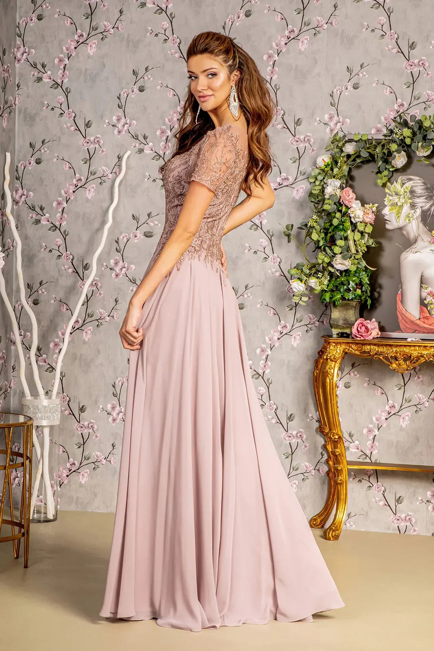 Mauve a-line mother of the bride dress with concealed zipper back and short sleeve