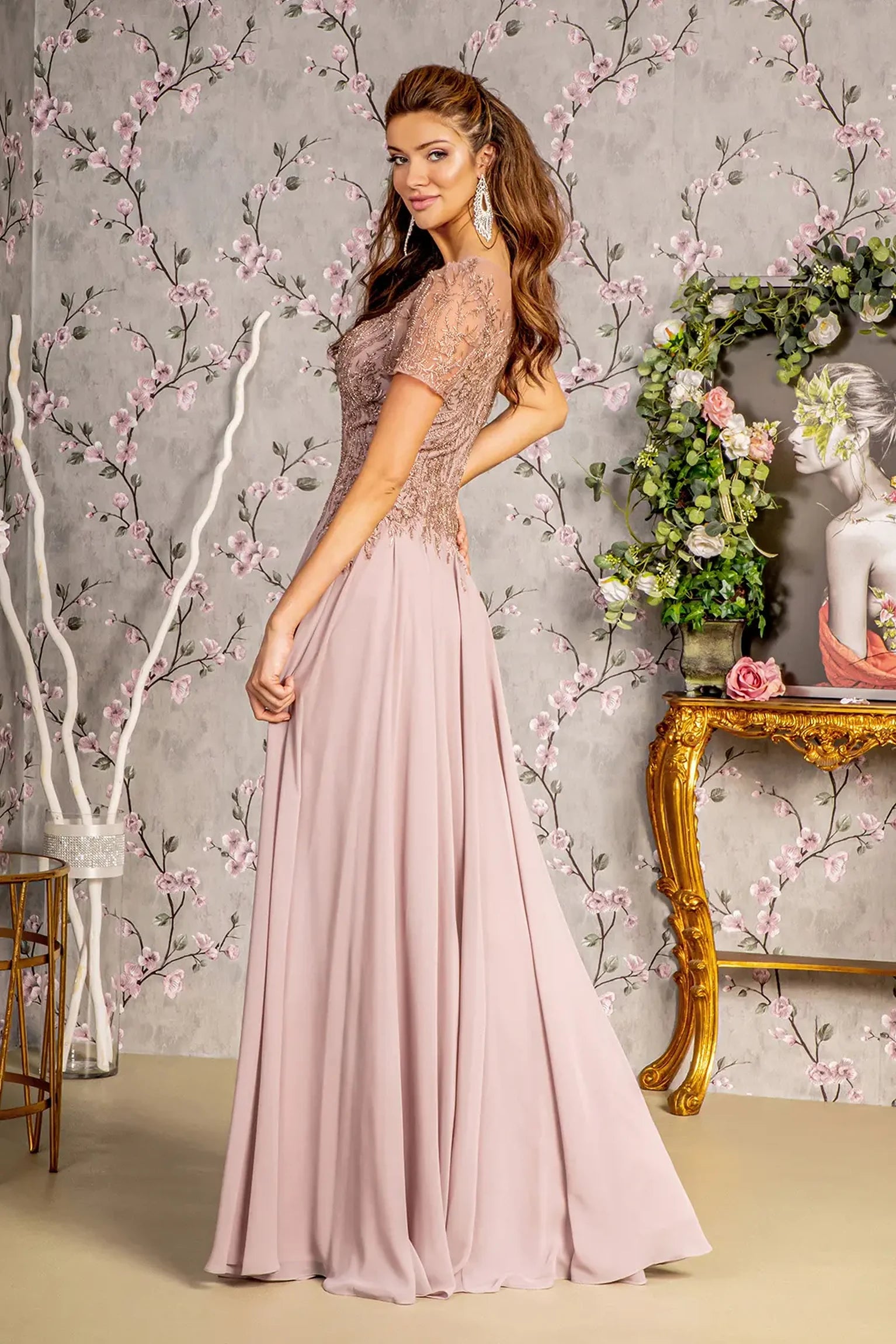 Mauve a-line mother of the bride dress with concealed zipper back and short sleeve