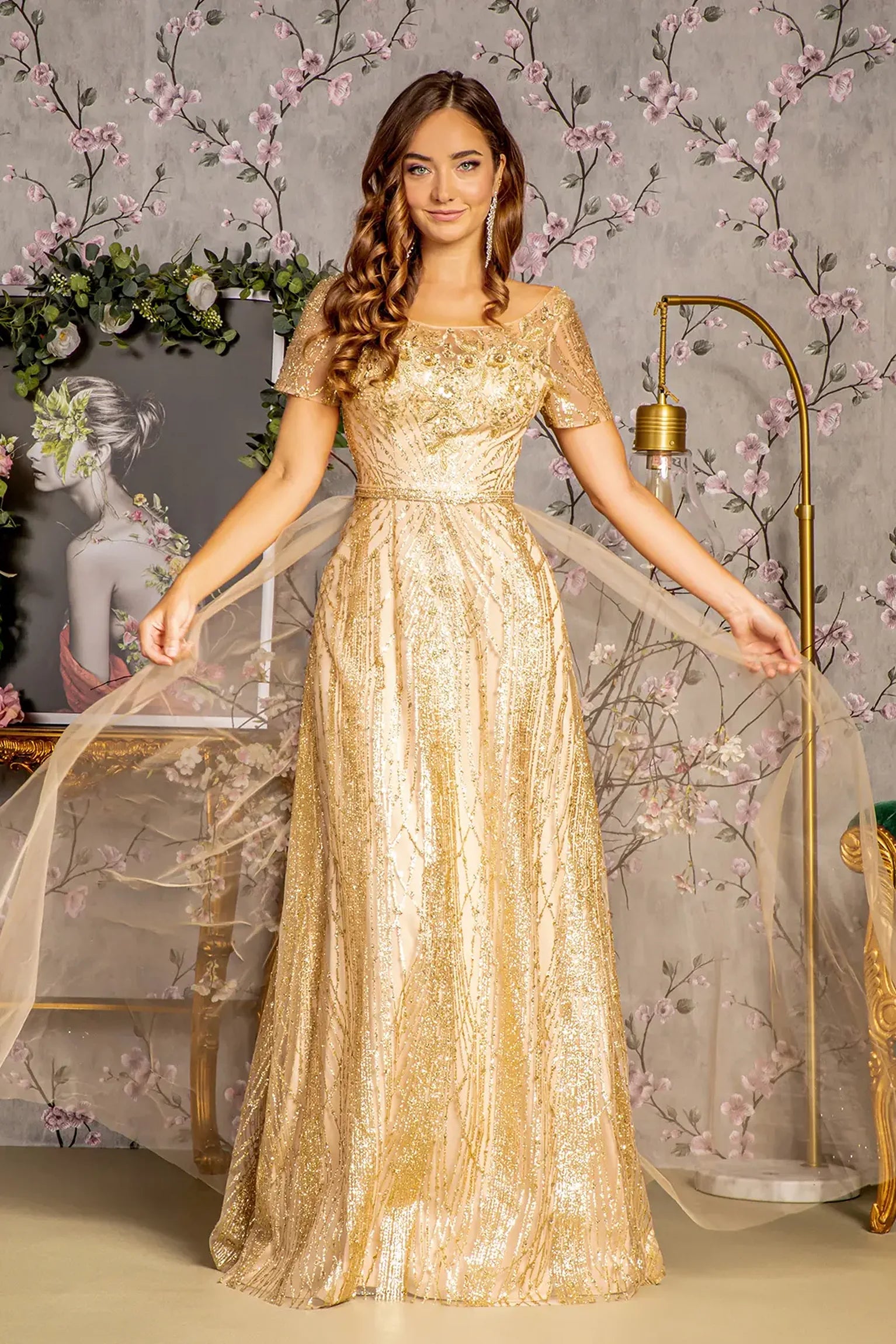 Gold mesh a-line mother of the bride dress with boat-neck