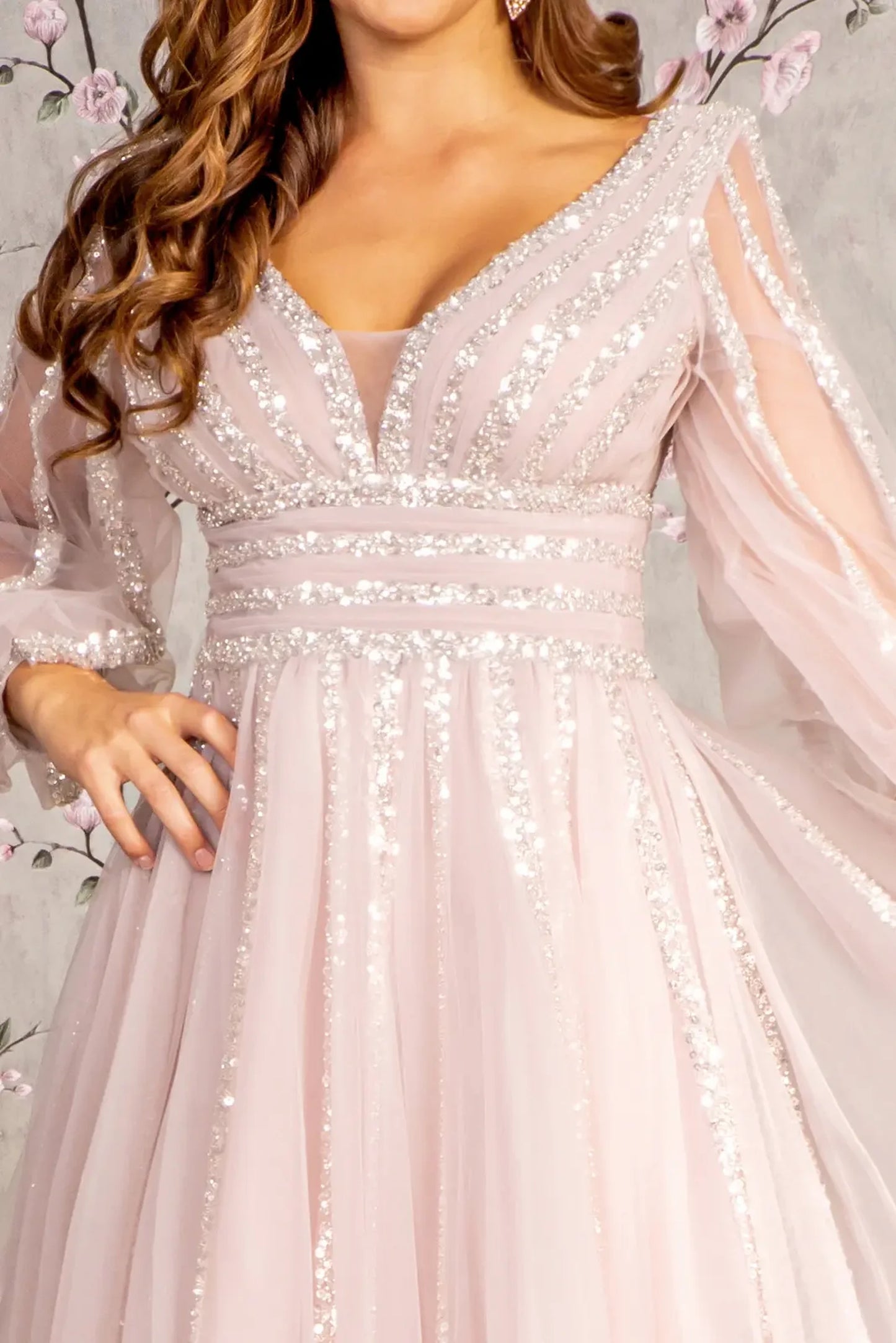 Mauve mother of the bride dress featuring illusion sweetheart bodice with long sleeve and beads, sequin