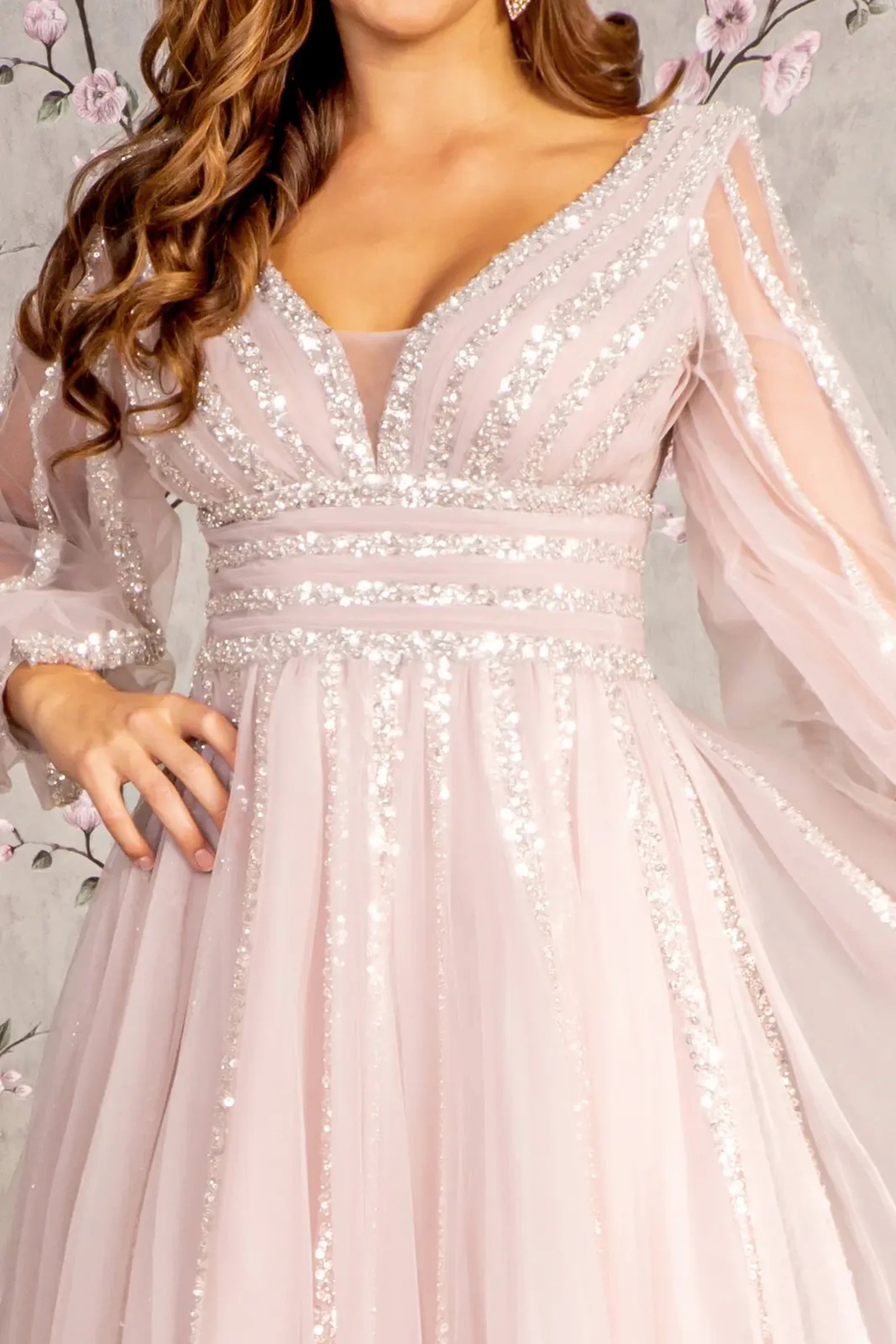 Mauve mother of the bride dress featuring illusion sweetheart bodice with long sleeve and beads, sequin