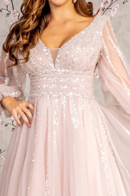 Bodice close-up highlights mauve mother of the bride dress featuring illusion sweetheart bodice with long sleeve and beads, sequin.
