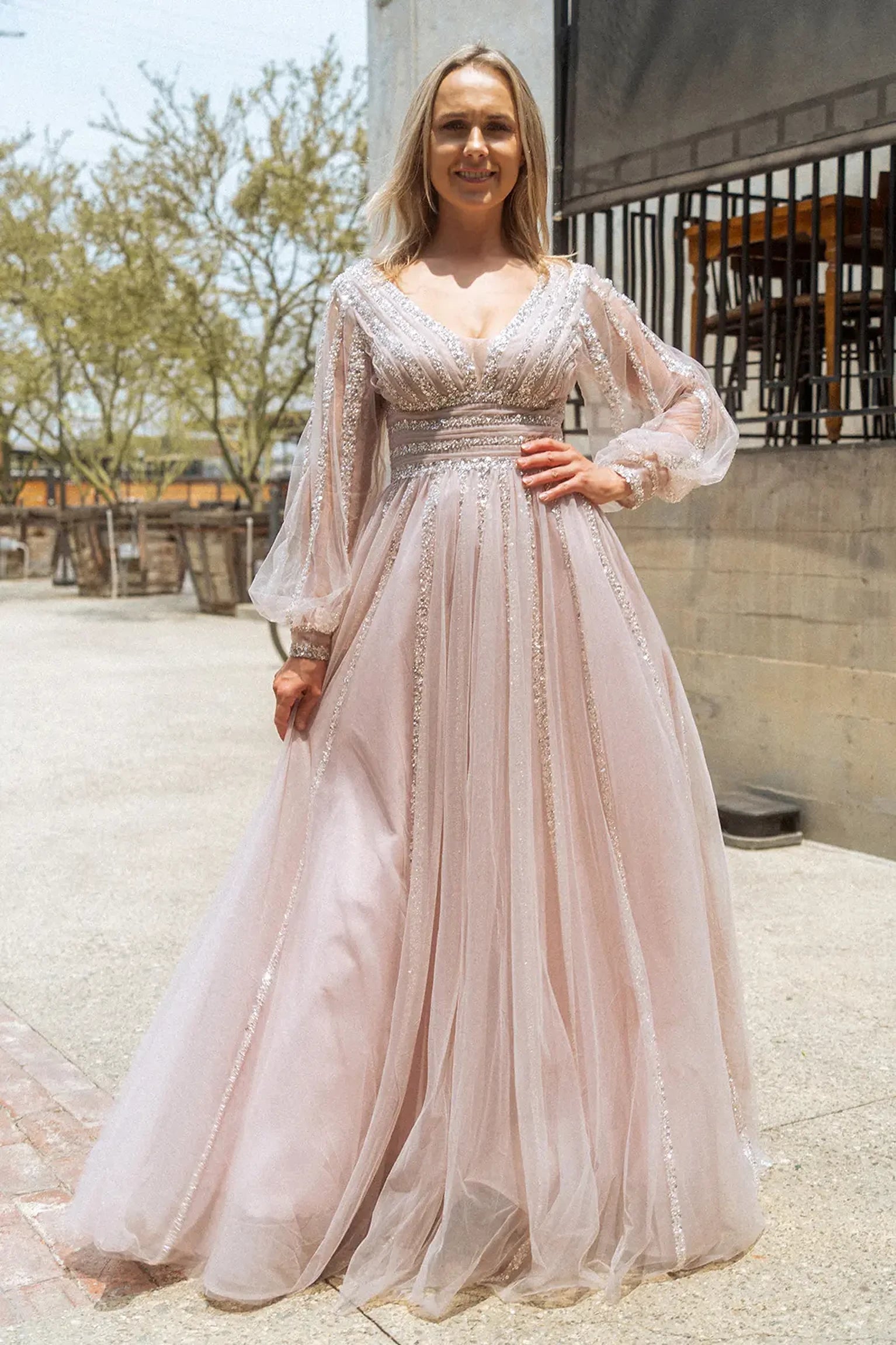 Mauve mother of the bride dress featuring v-back with concealed zipper bodice finished with beads, sequin