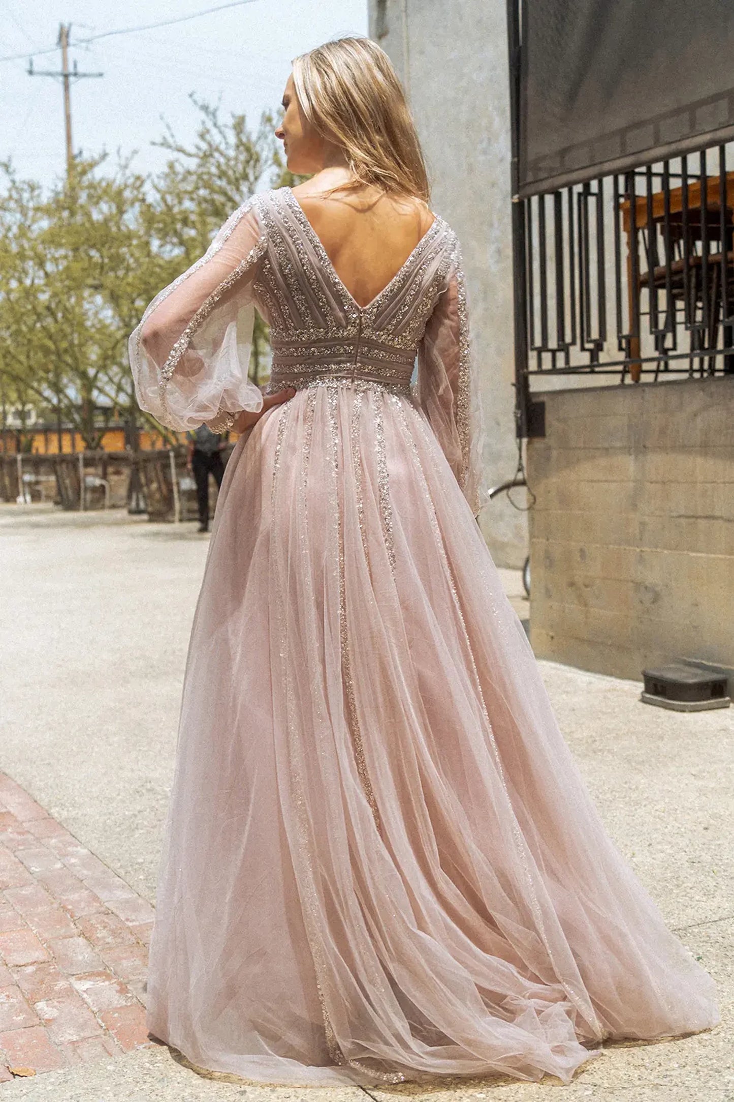 Mauve a-line mother of the bride dress with v-back with concealed zipper and long sleeve