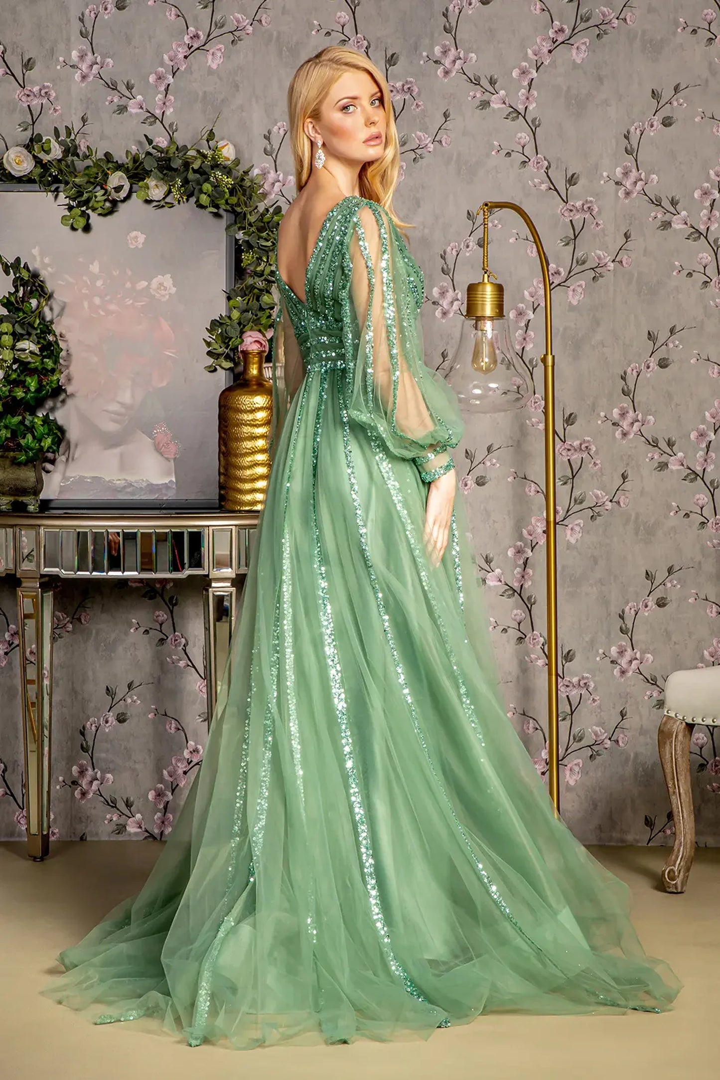 Sage Green a-line mother of the bride dress with v-back with concealed zipper and long sleeve