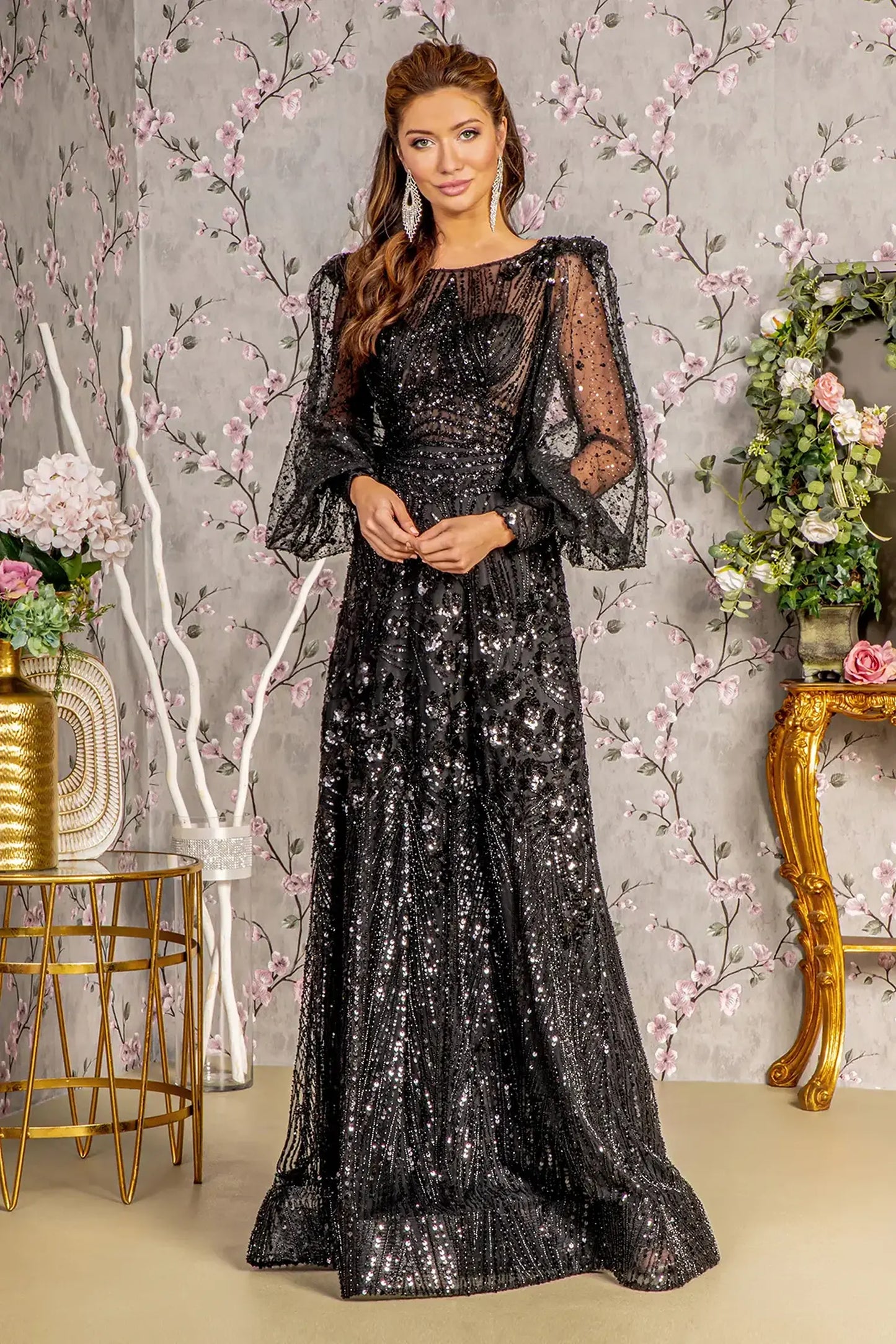Black mesh a-line mother of the bride dress with scoop-neck