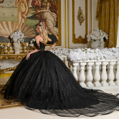 Quinceañera | Black Sweetheart Ball Gown with Sheer Bodice and Lace Embellished Glitter Mesh Skirt | Citlali dress